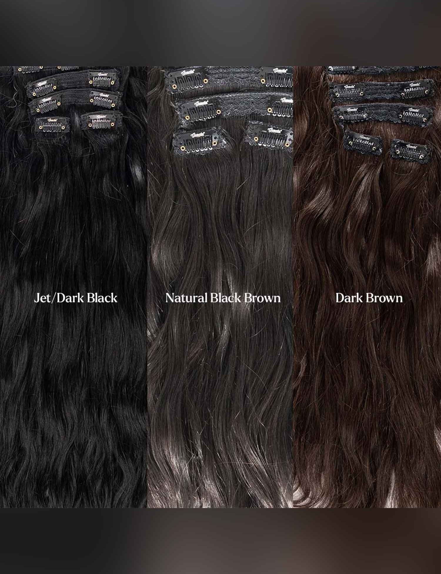 7 set clip-in human hair extensions in Jet Black, Natural Black and Dark Brown shades
