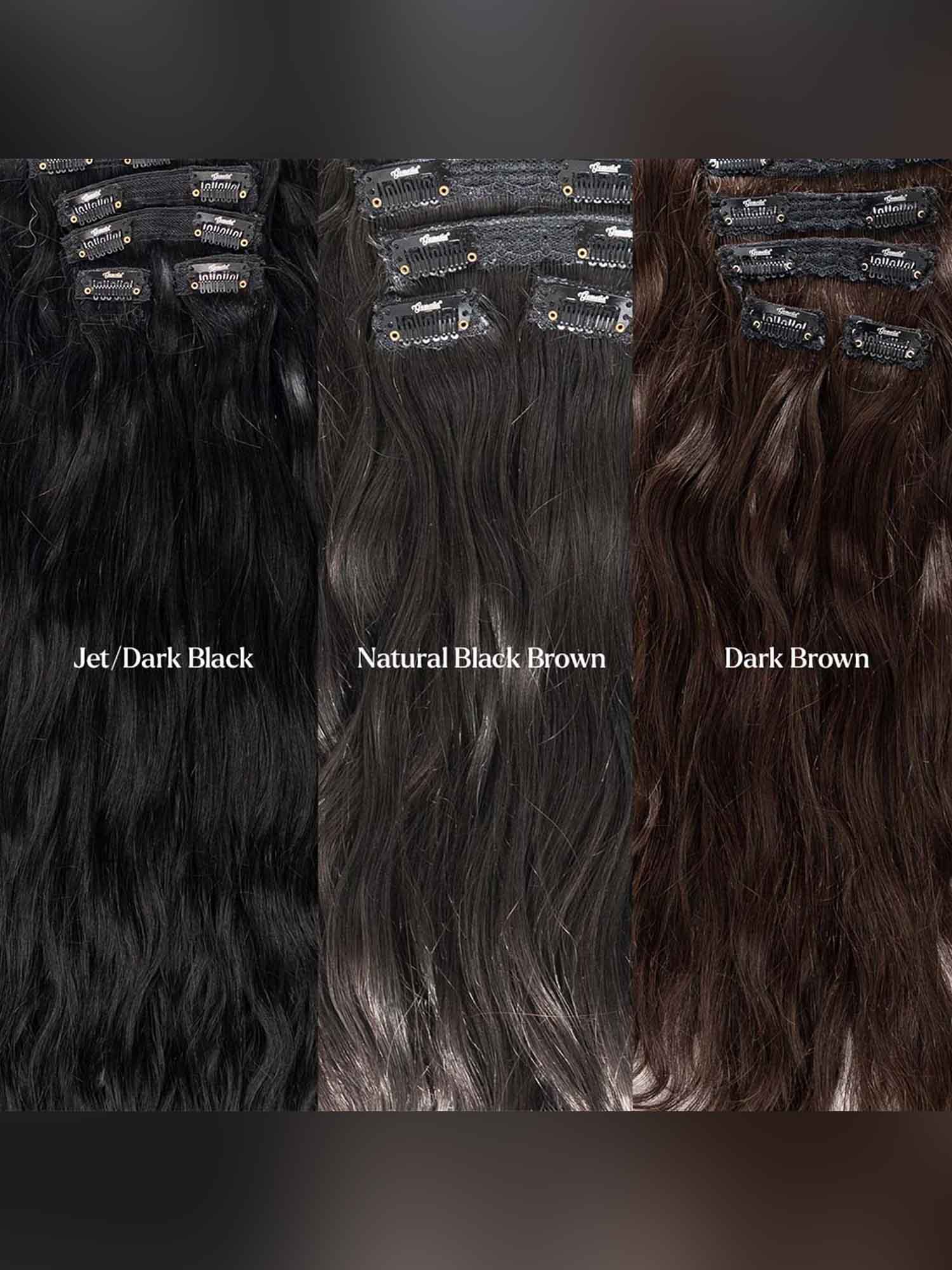 7 set clip-in human hair extensions in Jet Black, Natural Black and Dark Brown shades