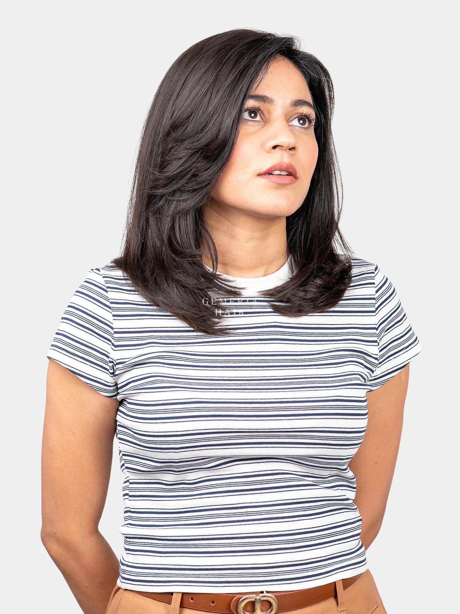Side view of Luna Bob full head wig worn by a woman