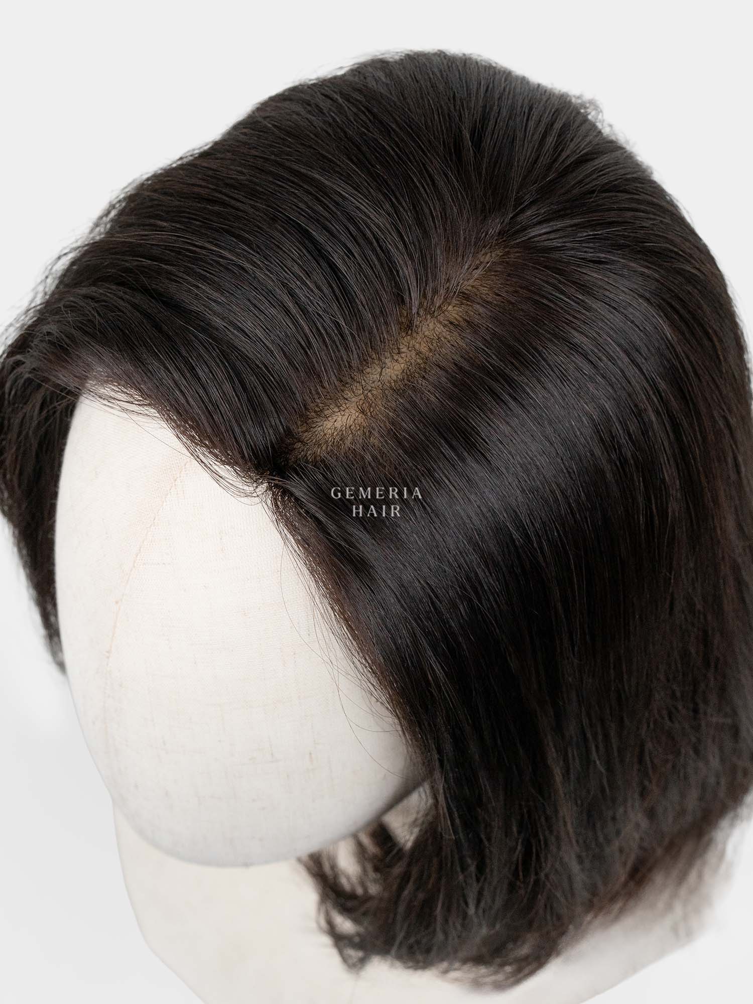 Top view of Mira Bob Bio-Base wig showing natural side parting