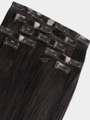 Set of hair extensions with clips on a white background, featuring the brand 'Gemeria Hair'.