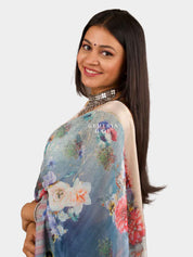 Side view of woman wearing straight clip-in hair extensions
