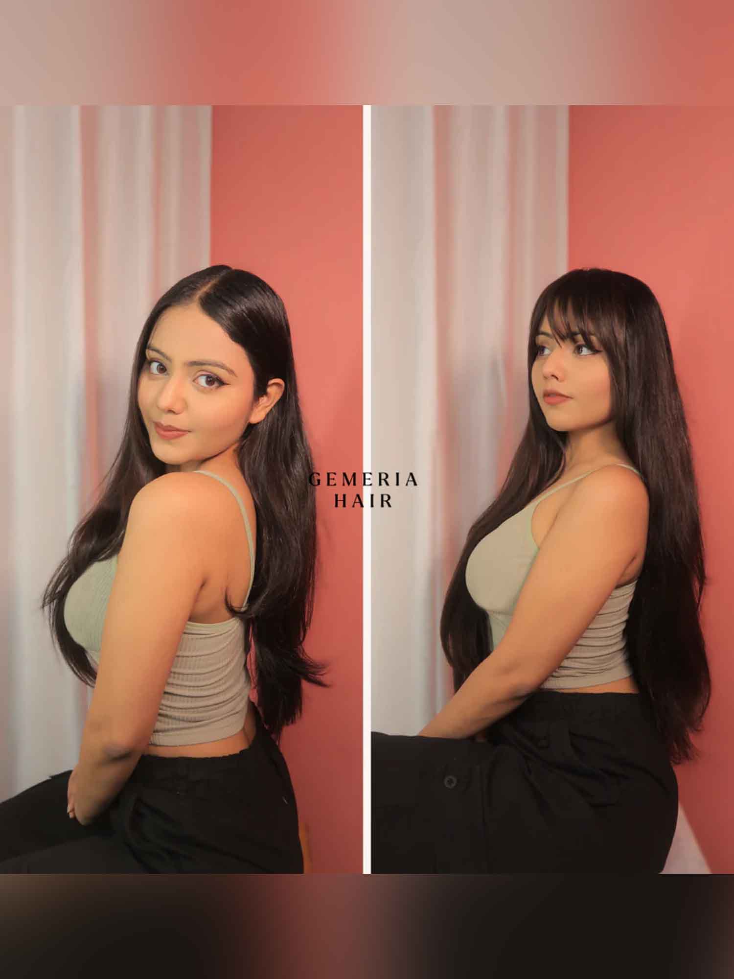 Before and after of straight hair with clip-in extensions