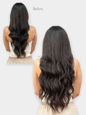 Wavy clip-in hair extensions shown from the back