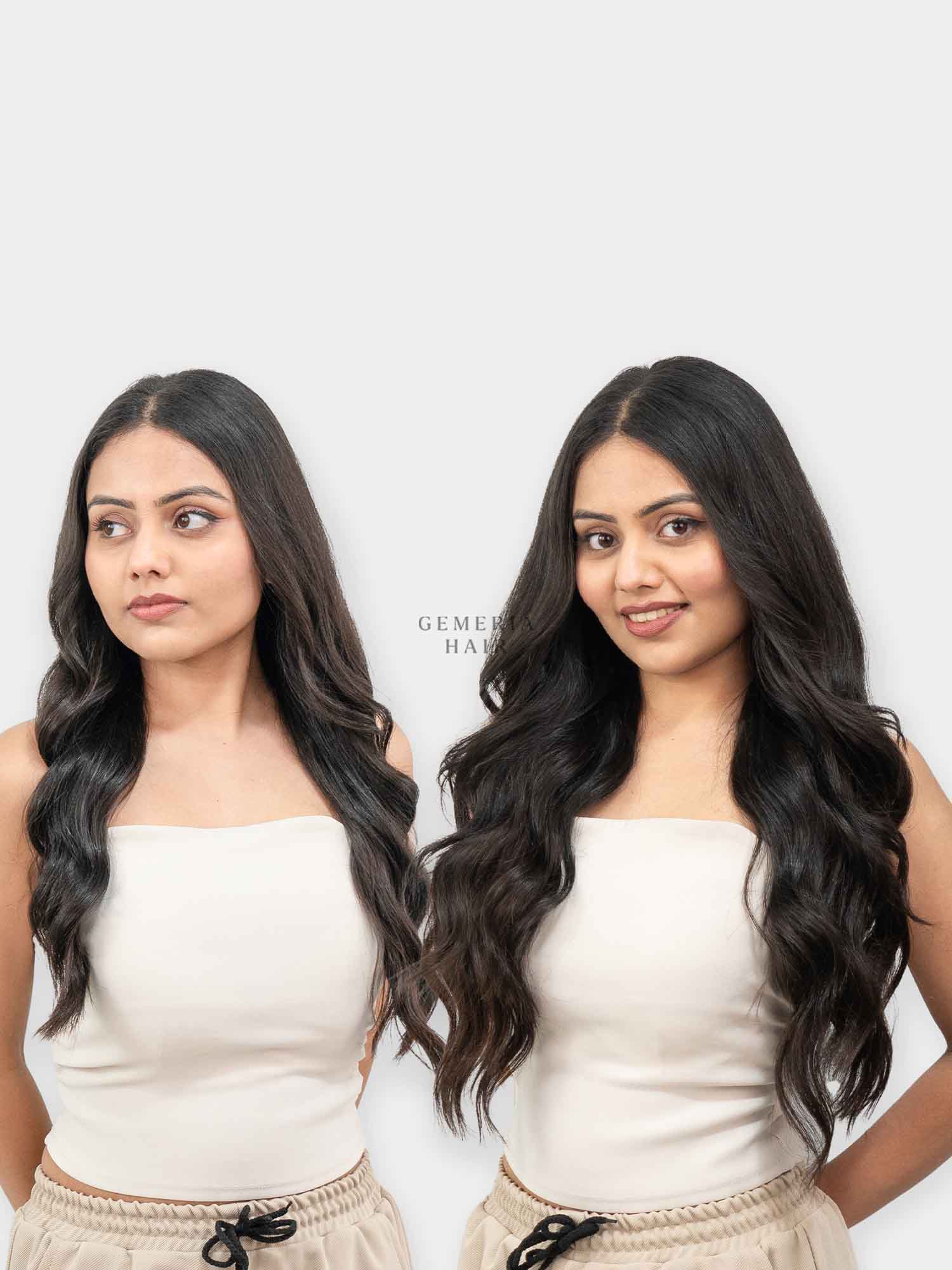 Wavy clip-in hair extensions shown from the front
