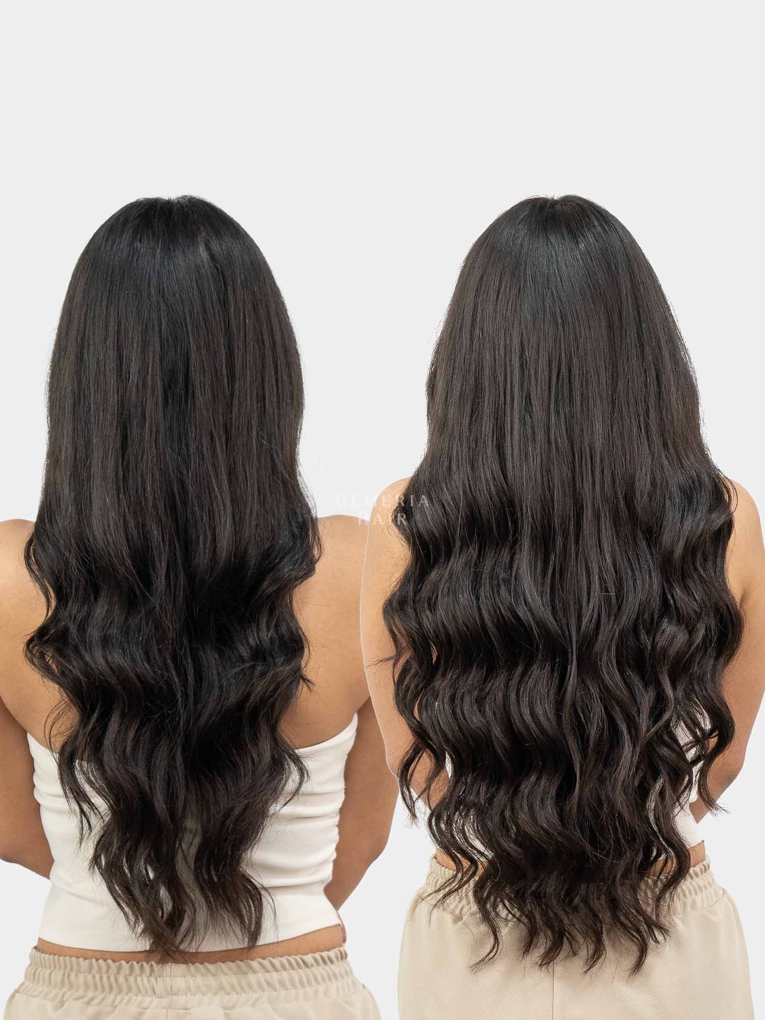 Back view of wavy clip-in hair extensions