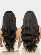 Back view of wavy clip-in hair extensions