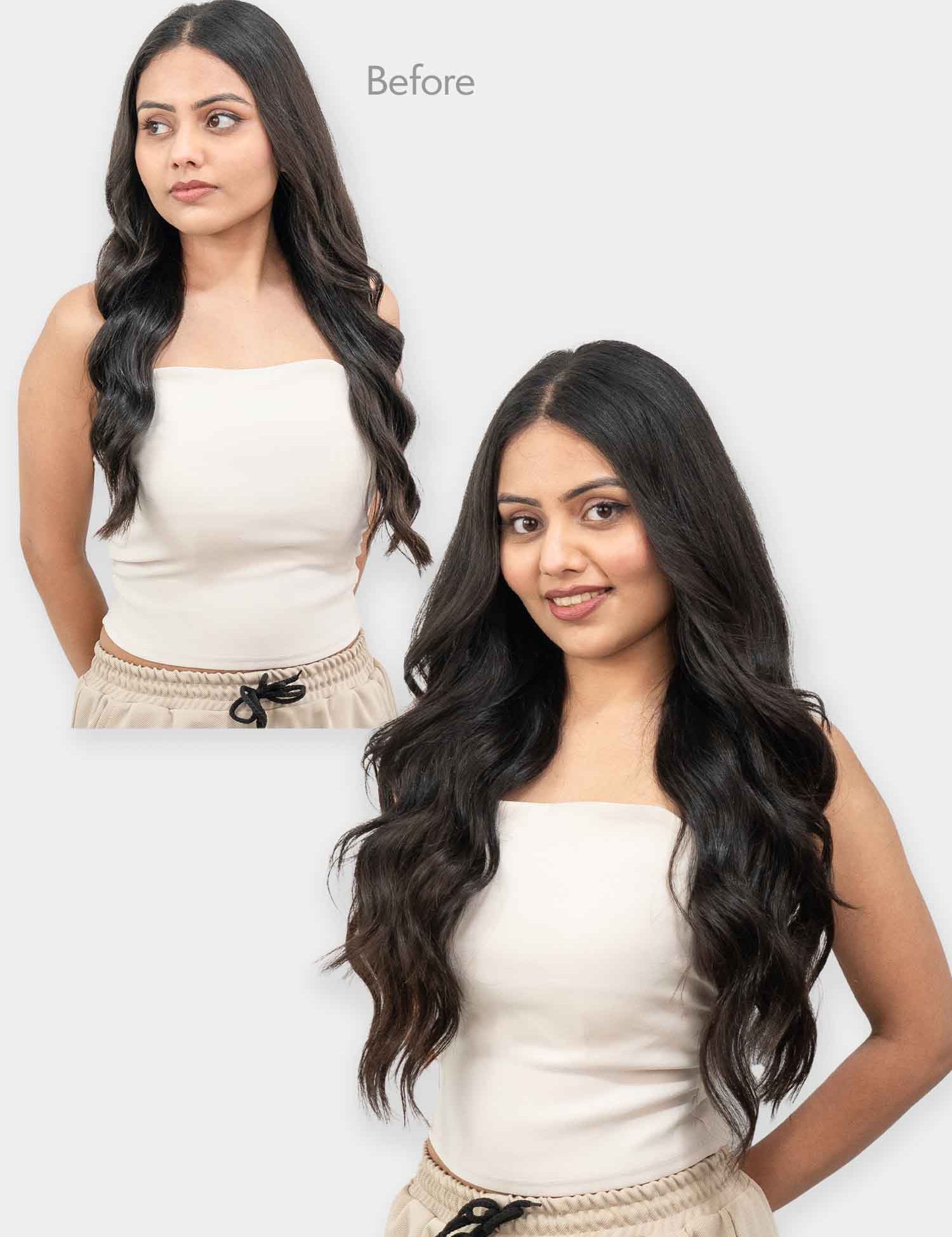 Woman wearing wavy clip-in hair extensions