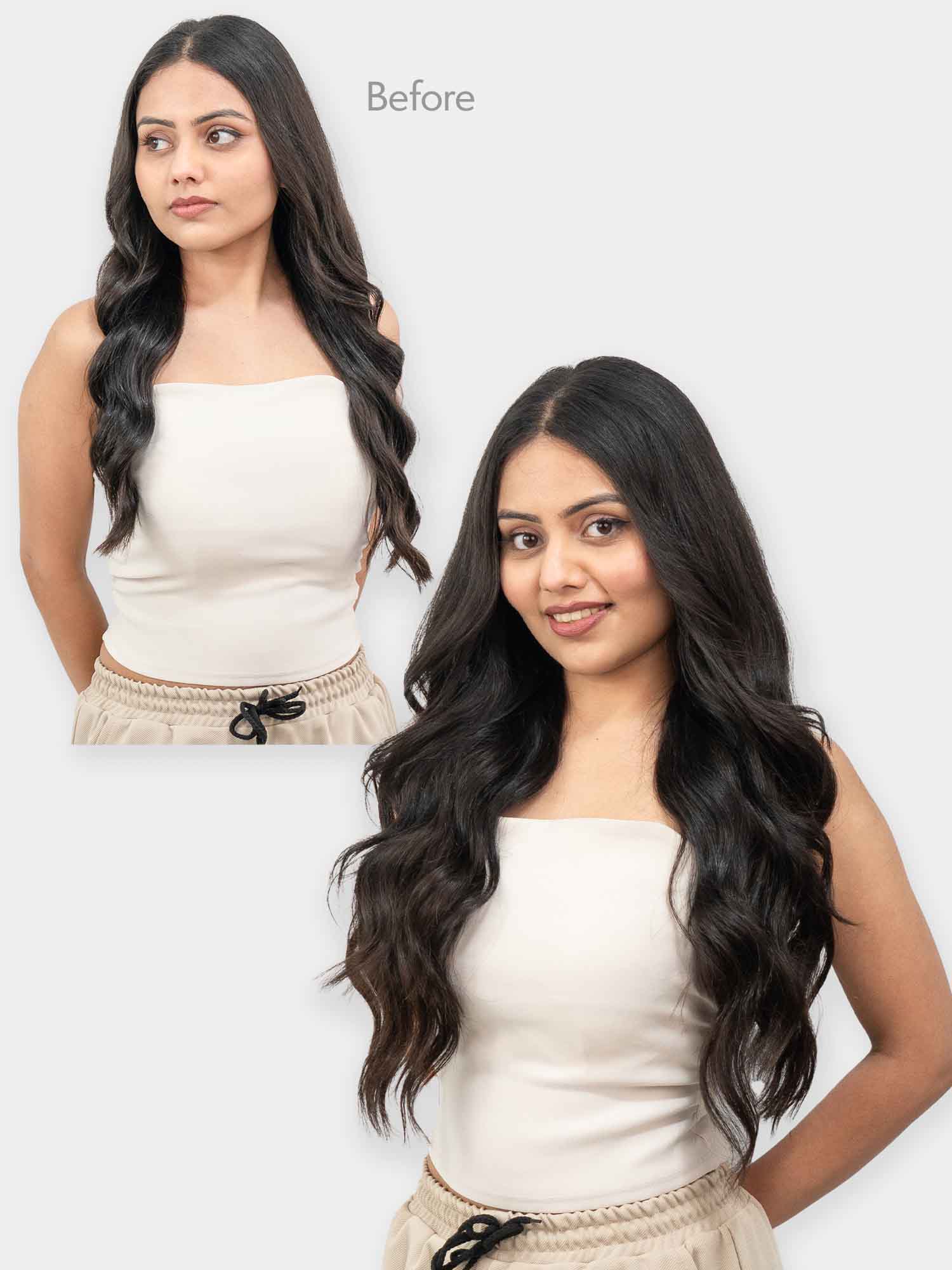 Woman wearing wavy clip-in hair extensions