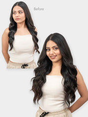 Woman wearing wavy clip-in hair extensions